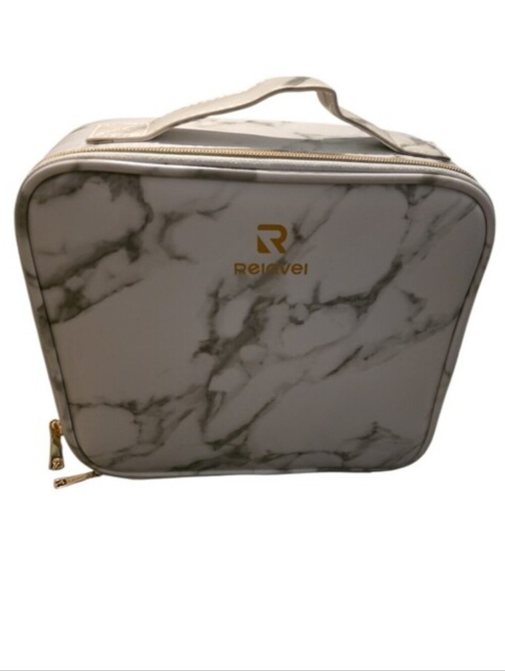 Reinvei Marble-Print Cosmetic Case in White with Gold Accents